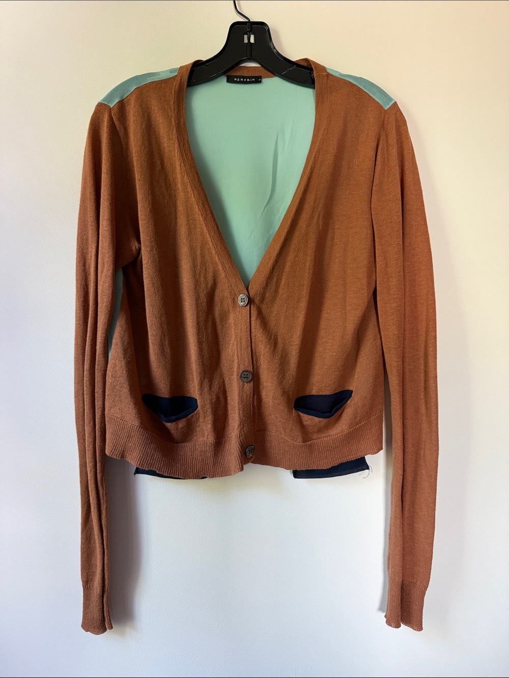 Anthropologie Brown Cardigan with Mint and Navy Accents